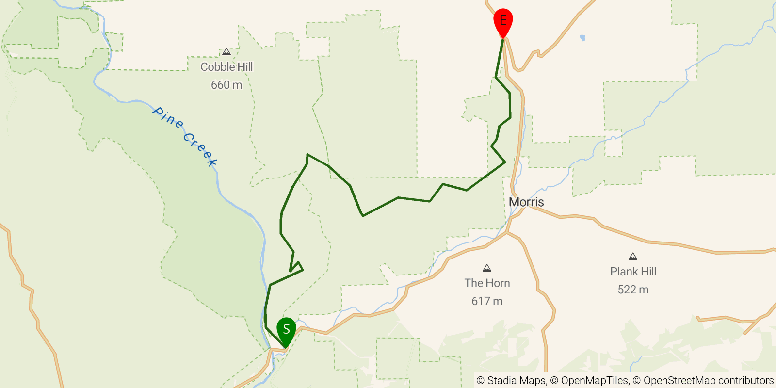 Route map of the Mid State Trail — Section 17: PA 414 at Blackwell to PA 287 near Antrim on OpenStreetMap terrain