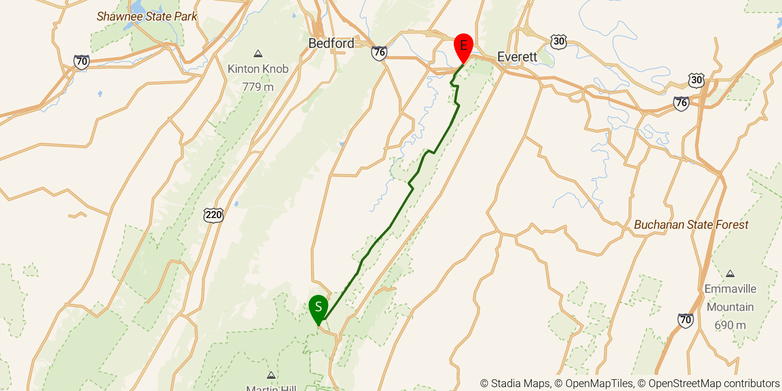 Route map of the Mid State Trail — Section 2: PA 326 at Rainsburg Gap to Ashcom Road (SR 1004) on OpenStreetMap terrain