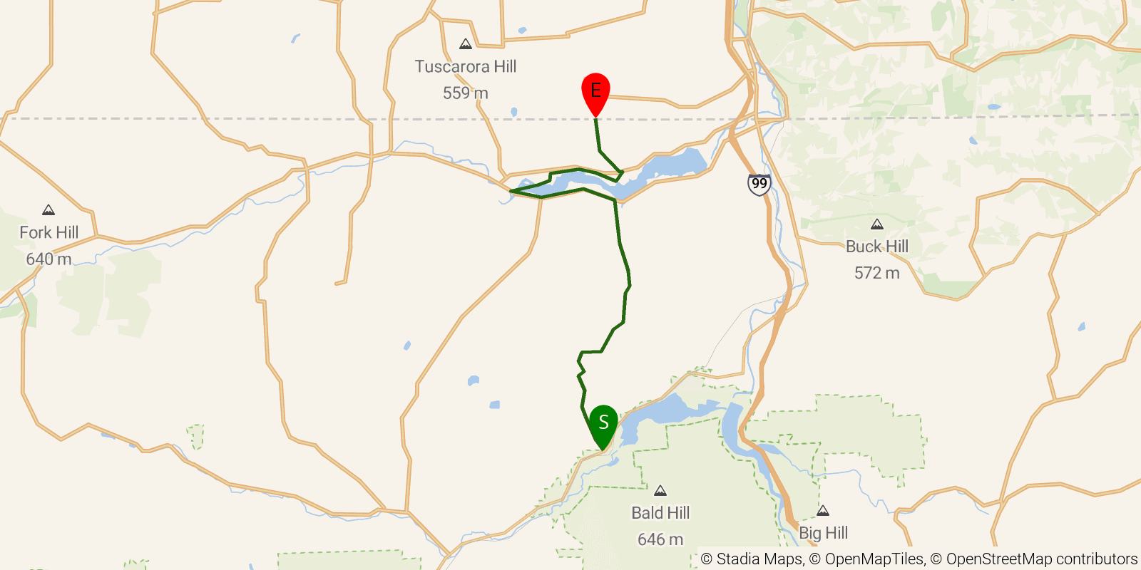 Route map of the Mid State Trail — Section 20: PA 287 at Ives Run Recreation Area to New York Border on OpenStreetMap terrain