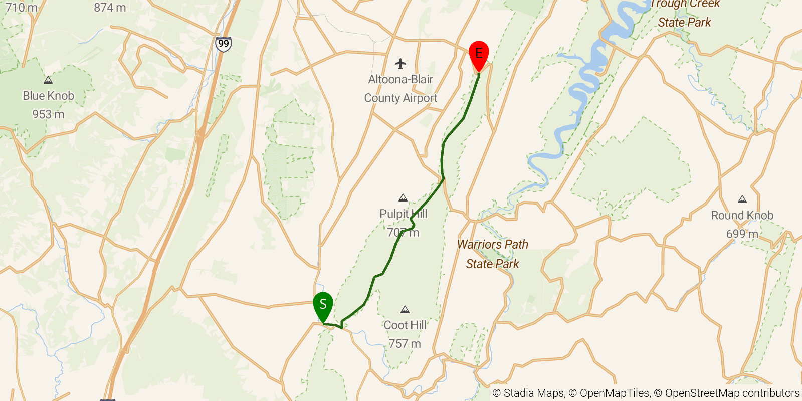 Route map of the Mid State Trail — Section 4: PA 36 at Loysburg Gap to PA 164 on OpenStreetMap terrain