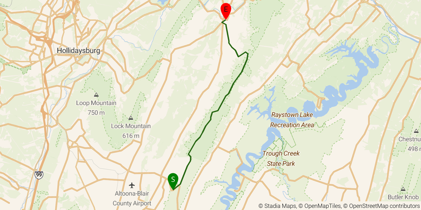 Route map of the Mid State Trail — Section 5: PA 164 to Lower Trail, Williamsburg Station on OpenStreetMap terrain