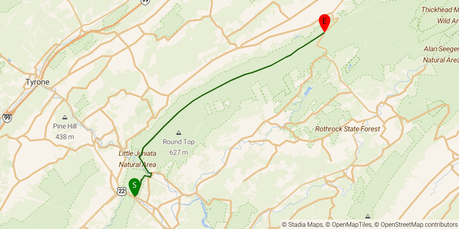 Route map of the Mid State Trail — Section 7: Alfarata Station near US 22 to PA 26 at Jo Hays Vista on OpenStreetMap terrain