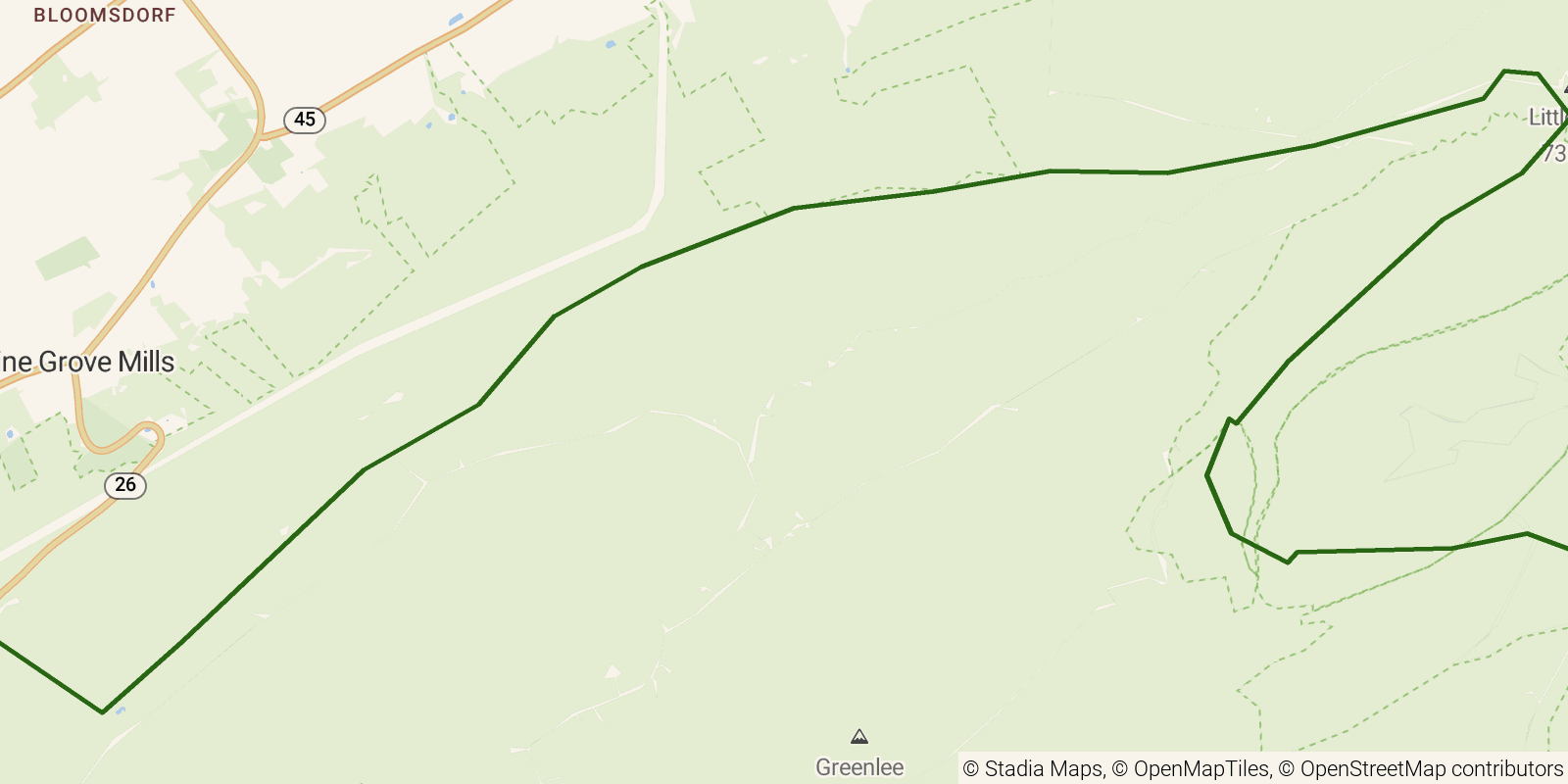 Route map of the Mid State Trail — Section 8: PA 26 at Jo Hays Vista to Detweiler Junction on OpenStreetMap terrain