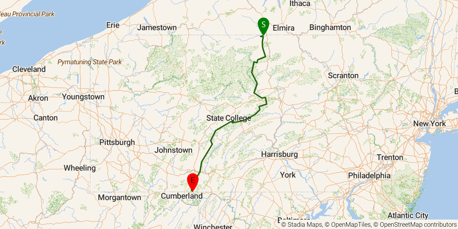 Route map of the Mid State Trail on OpenStreetMap terrain