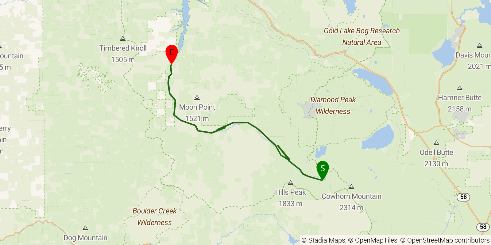 Route map of the Middle Fork National Recreation Trail on OpenStreetMap terrain