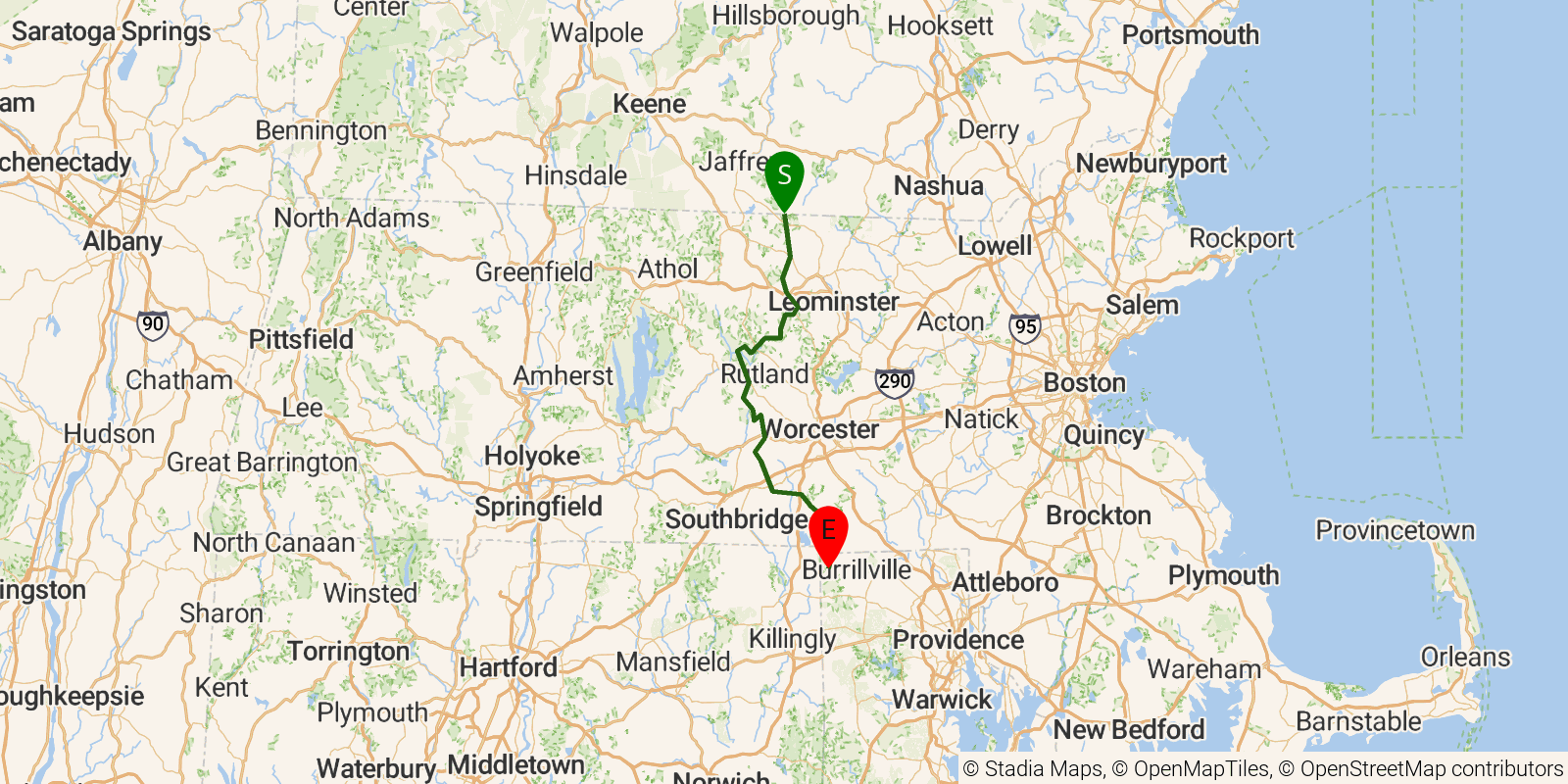 Route map of the Midstate Trail on OpenStreetMap terrain