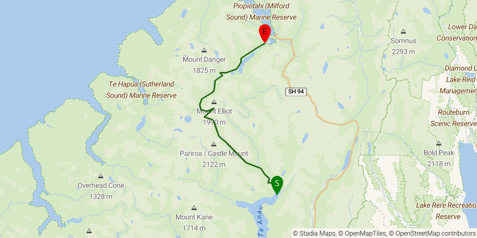Route map of the Milford Track on OpenStreetMap terrain