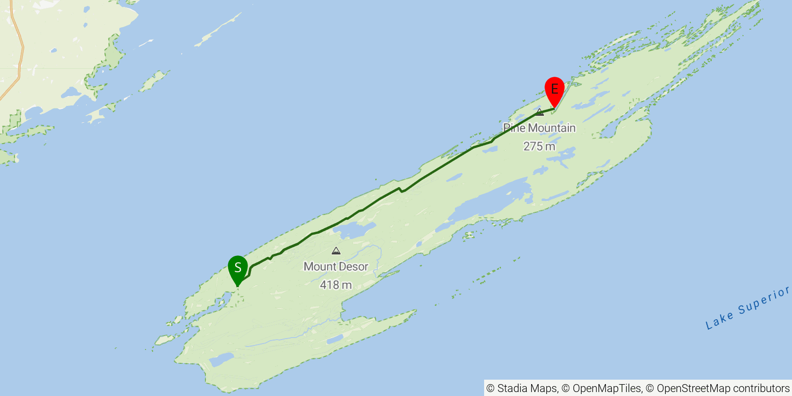 Route map of the Minong Ridge Trail on OpenStreetMap terrain