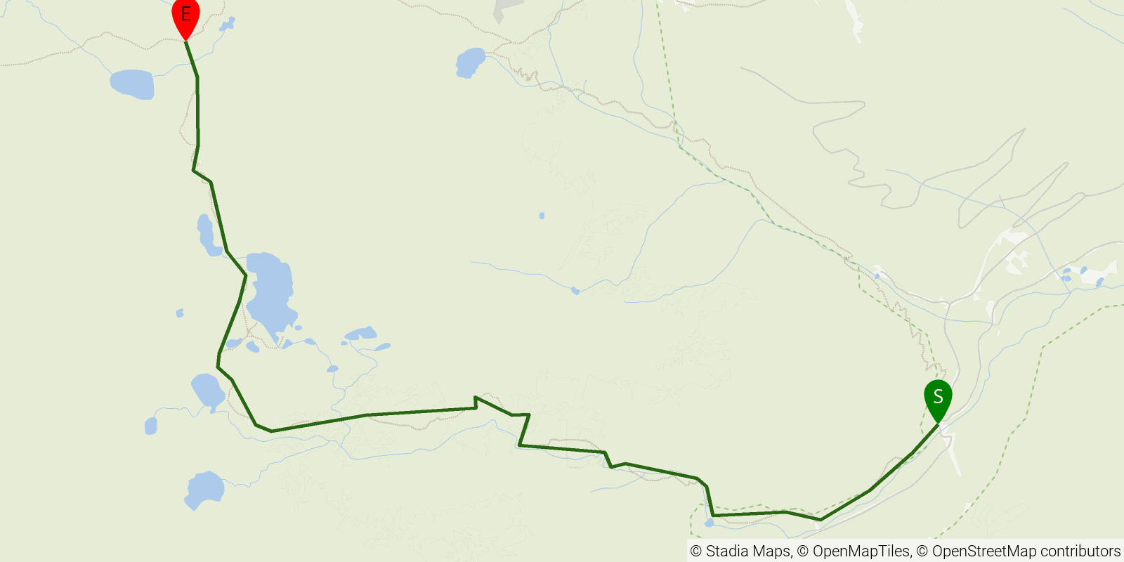 Route map of the Missouri Lakes on OpenStreetMap terrain