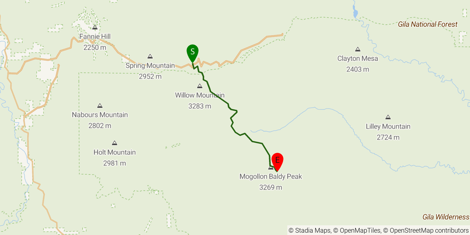 Route map of the Mogollon Crest to Mogollon Baldy on OpenStreetMap terrain