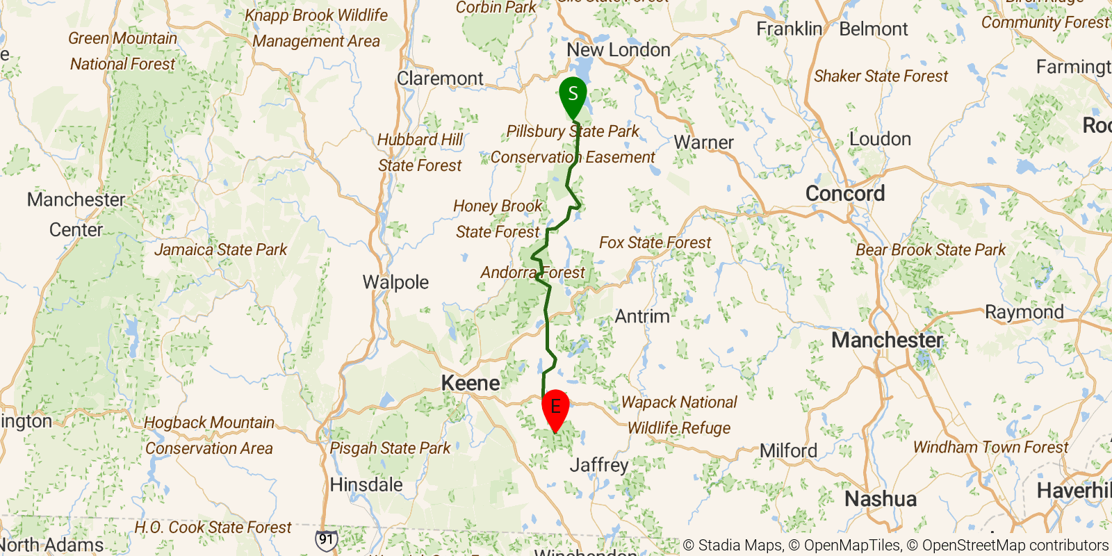 Route map of the Monadnock–Sunapee Greenway on OpenStreetMap terrain