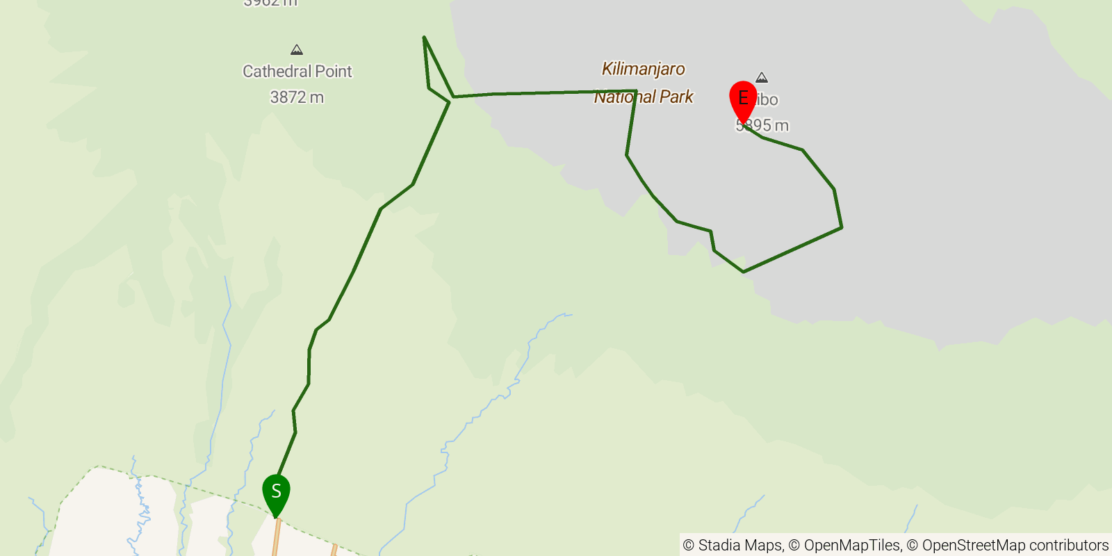 Route map of the Mount Kilimanjaro (Machame Route) on OpenStreetMap terrain