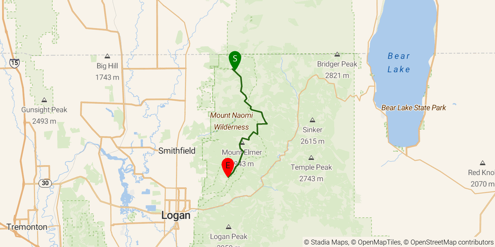 Route map of the Mount Naomi National Recreation Trail on OpenStreetMap terrain
