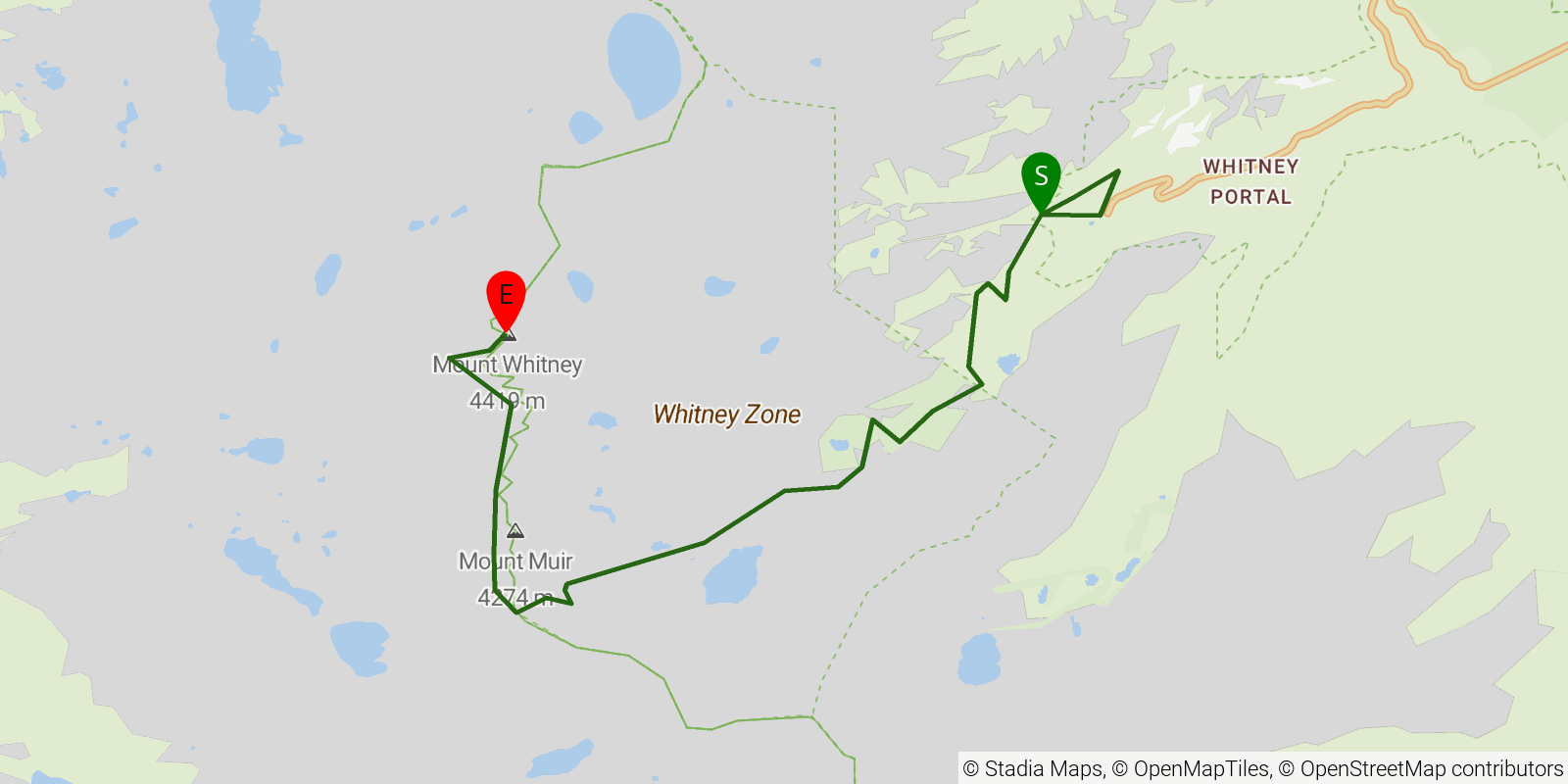 Route map of the Mount Whitney Trail on OpenStreetMap terrain