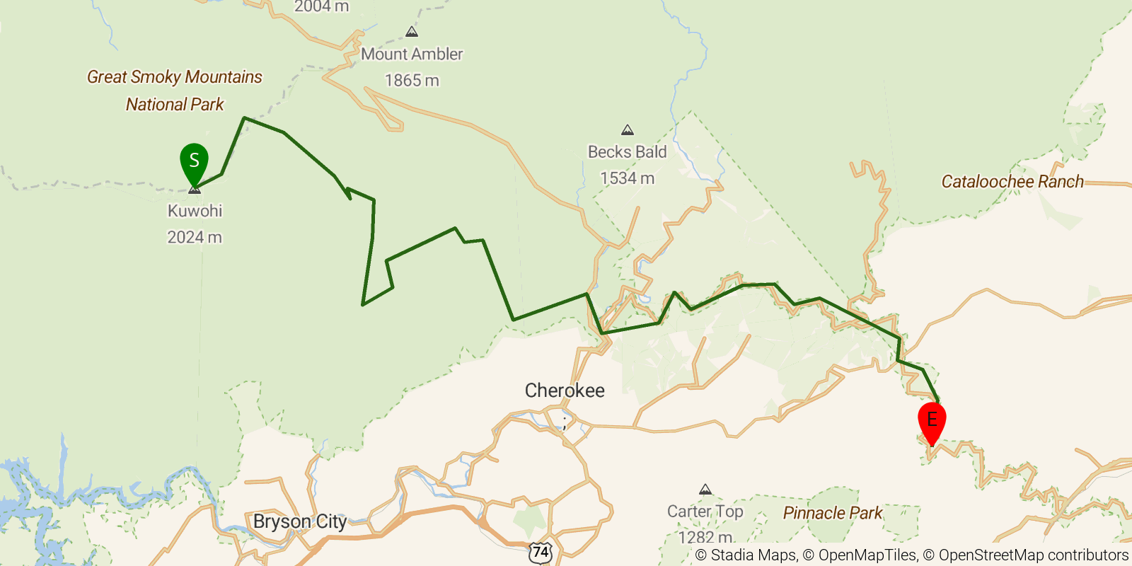 Route map of the Mountains-to-Sea Trail — Segment 1 on OpenStreetMap terrain