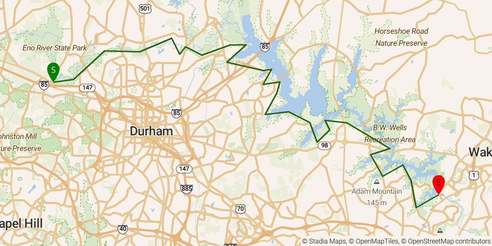 Route map of the Mountains-to-Sea Trail — Segment 10 on OpenStreetMap terrain