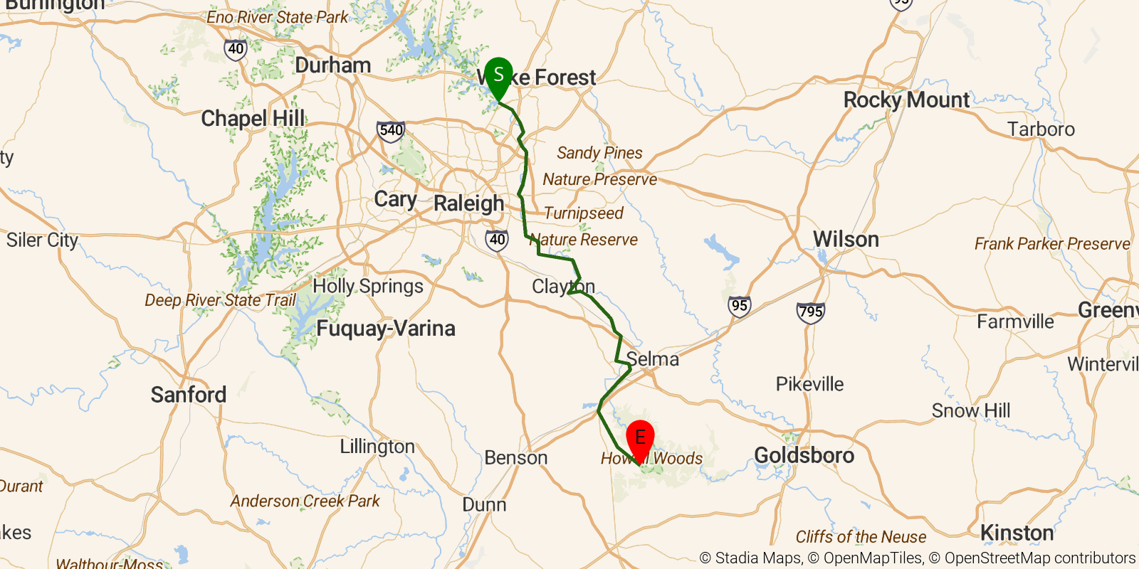 Route map of the Mountains-to-Sea Trail — Segment 11 on OpenStreetMap terrain