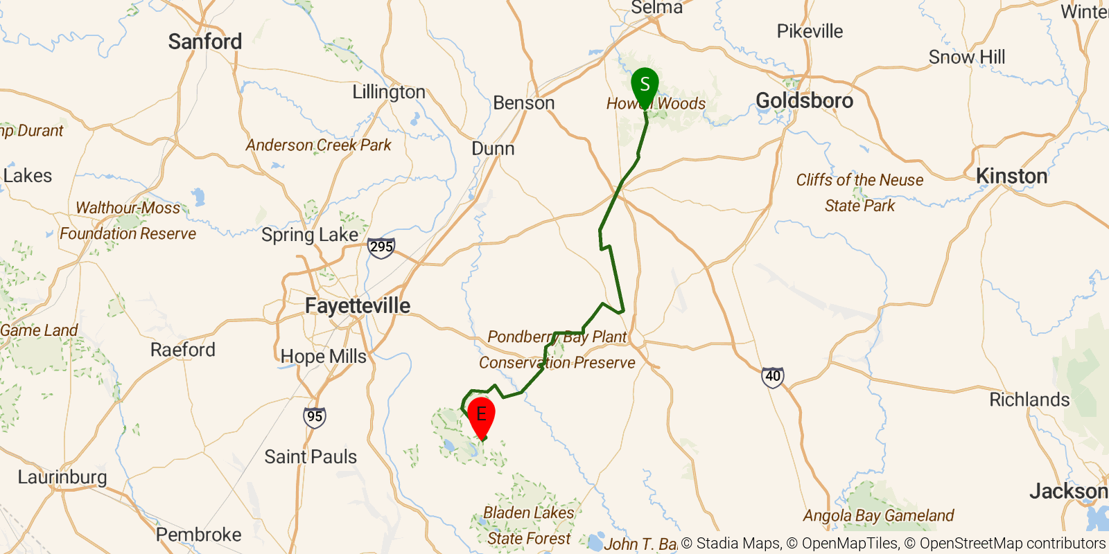 Route map of the Mountains-to-Sea Trail — Segment 12 on OpenStreetMap terrain