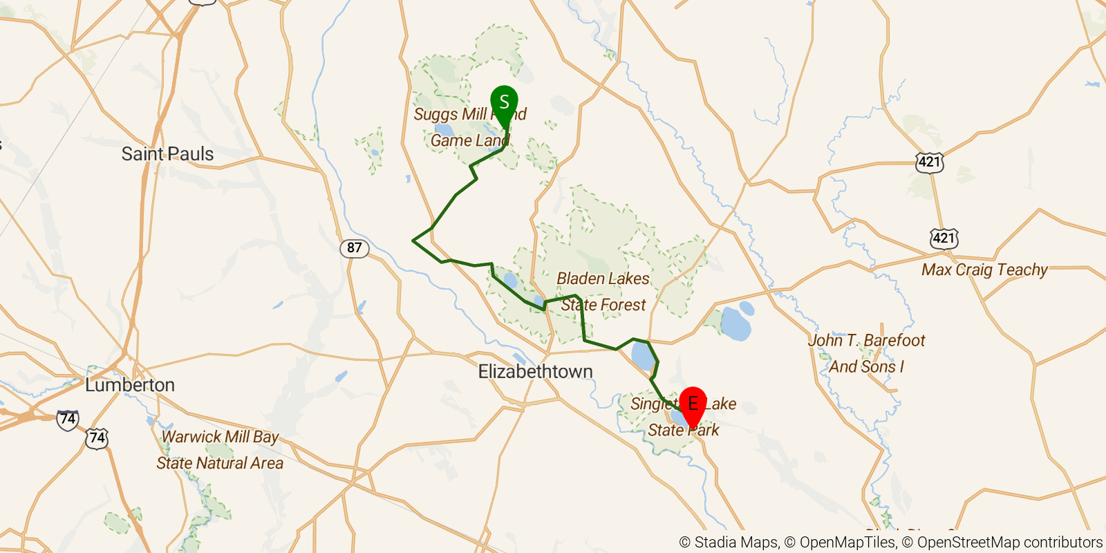 Route map of the Mountains-to-Sea Trail — Segment 13 on OpenStreetMap terrain