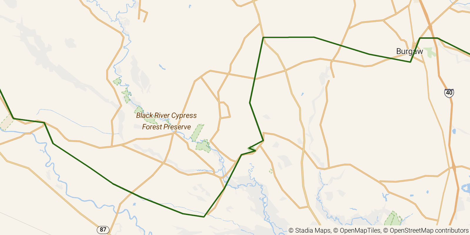 Route map of the Mountains-to-Sea Trail — Segment 14 on OpenStreetMap terrain