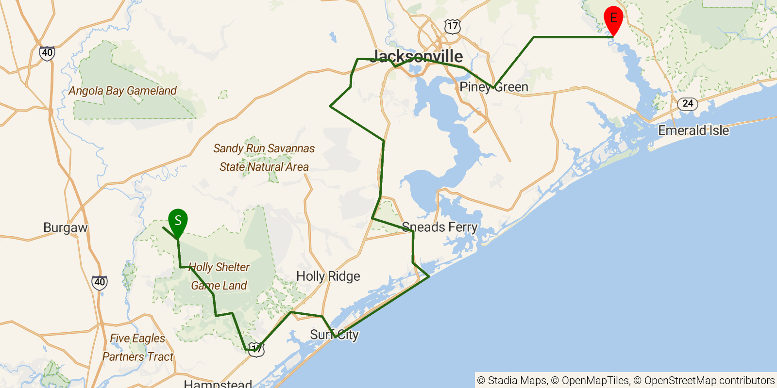 Route map of the Mountains-to-Sea Trail — Segment 15 on OpenStreetMap terrain