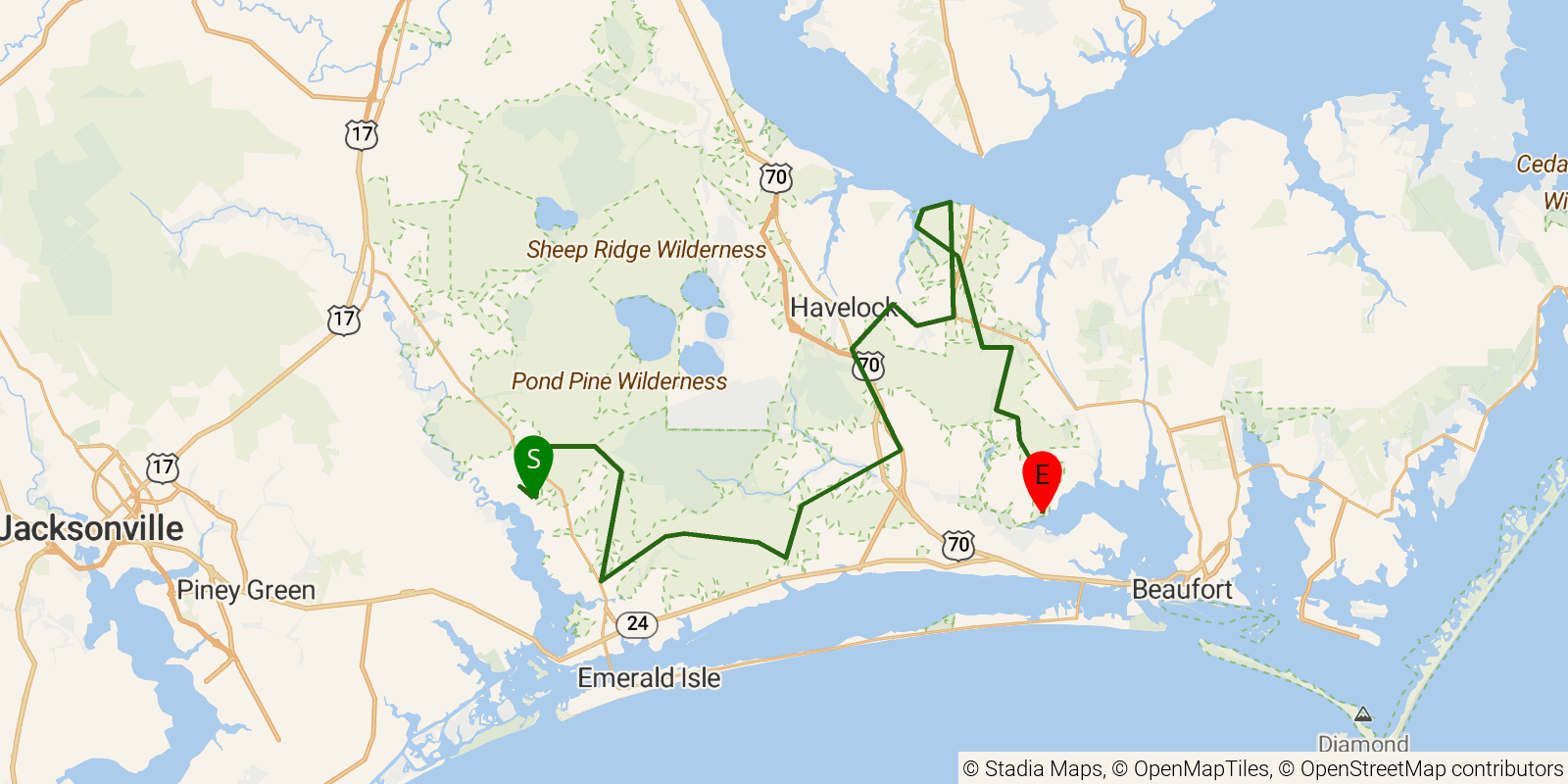 Route map of the Mountains-to-Sea Trail — Segment 16 on OpenStreetMap terrain