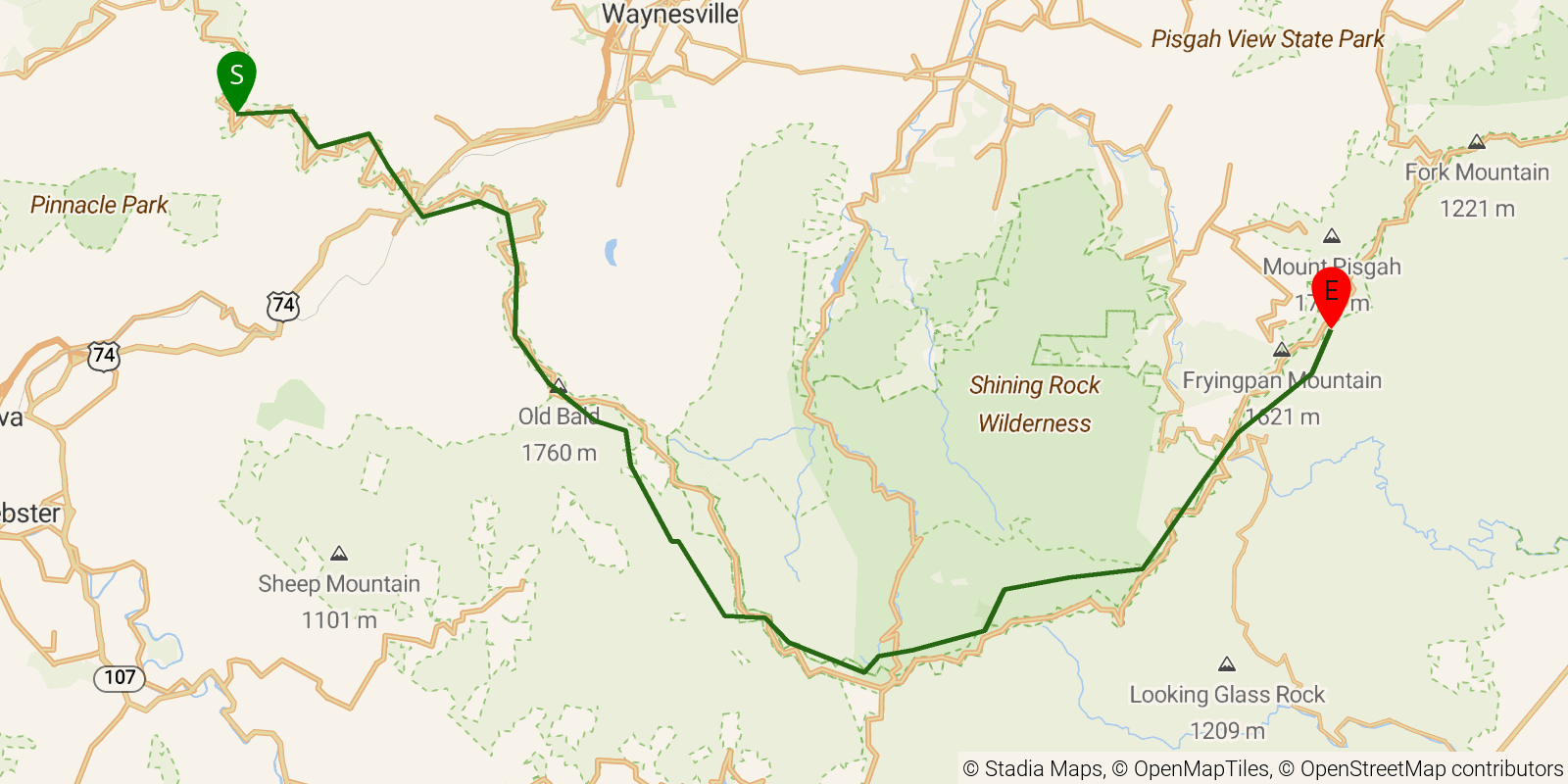 Route map of the Mountains-to-Sea Trail — Segment 2 on OpenStreetMap terrain