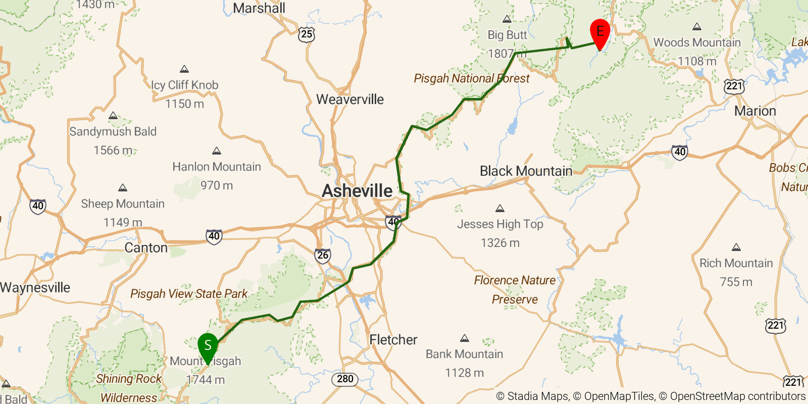 Route map of the Mountains-to-Sea Trail — Segment 3 on OpenStreetMap terrain
