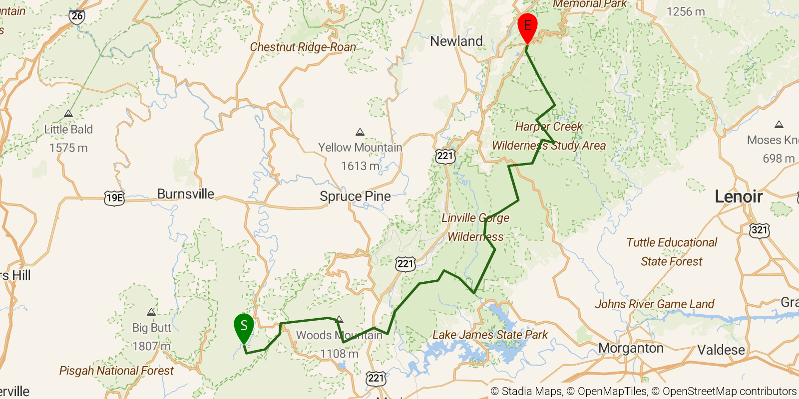Route map of the Mountains-to-Sea Trail — Segment 4 on OpenStreetMap terrain