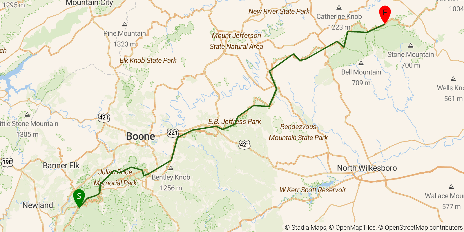 Route map of the Mountains-to-Sea Trail — Segment 5 on OpenStreetMap terrain