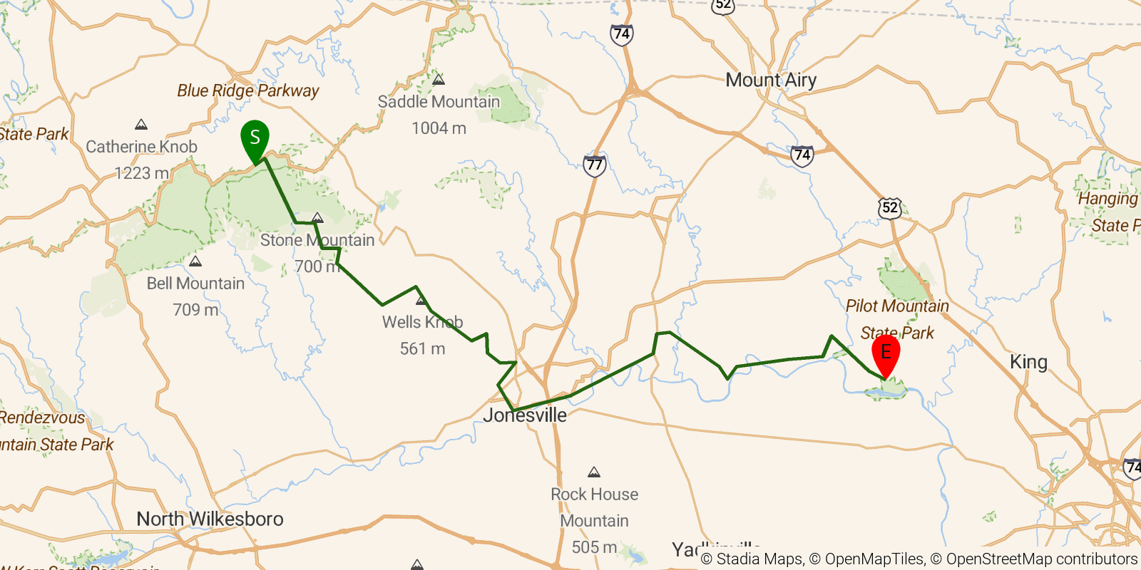 Route map of the Mountains-to-Sea Trail — Segment 6 on OpenStreetMap terrain