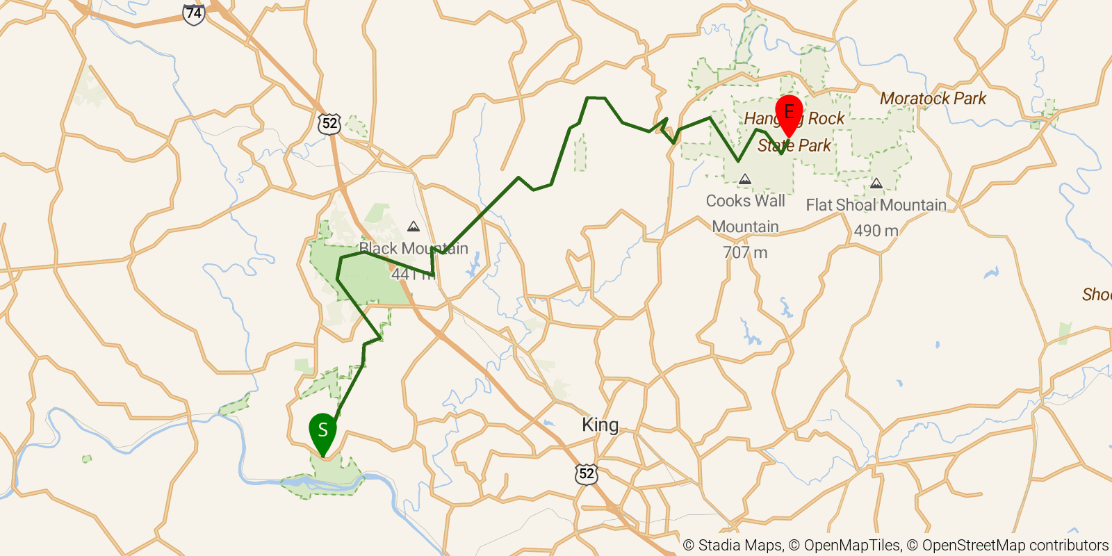 Route map of the Mountains-to-Sea Trail — Segment 7 on OpenStreetMap terrain