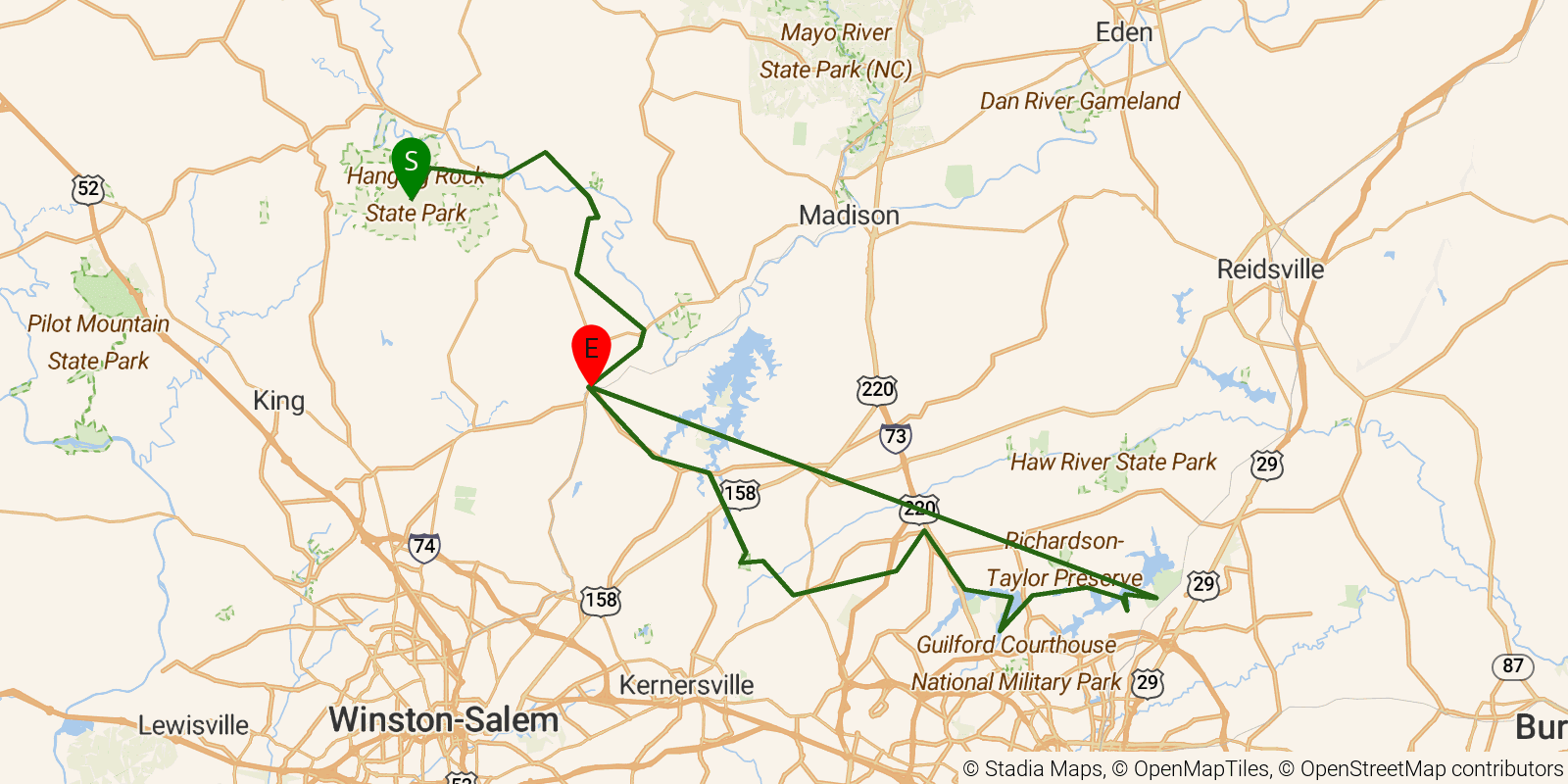 Route map of the Mountains-to-Sea Trail — Segment 8 on OpenStreetMap terrain
