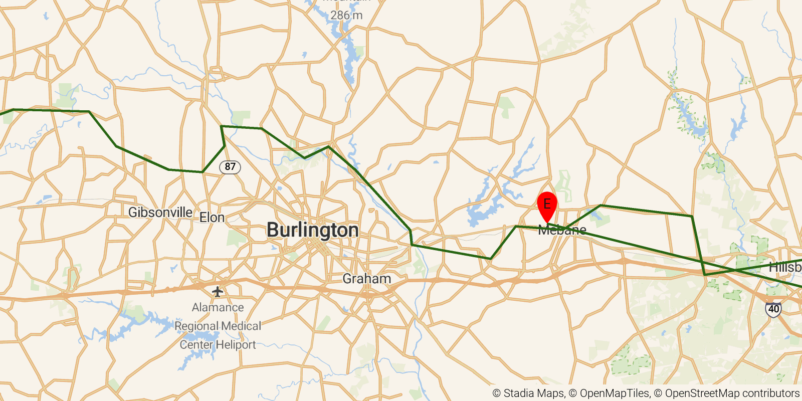 Route map of the Mountains-to-Sea Trail — Segment 9 on OpenStreetMap terrain