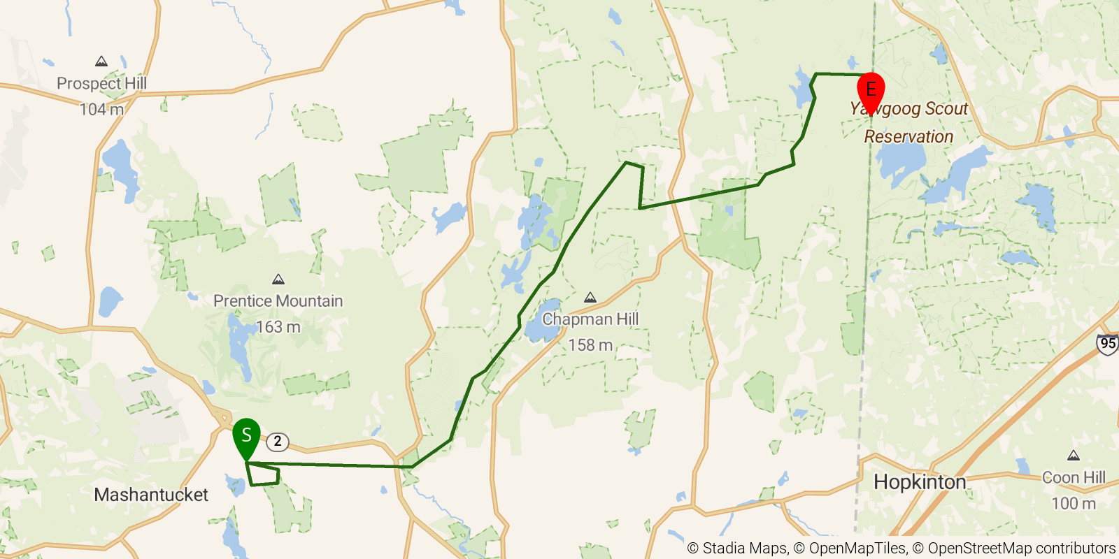 Route map of the Narragansett Trail on OpenStreetMap terrain