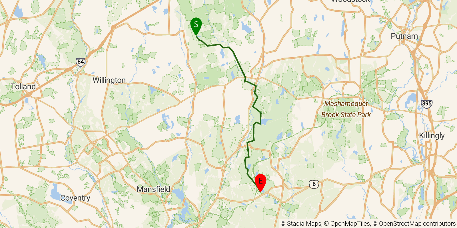 Route map of the Natchaug Trail on OpenStreetMap terrain