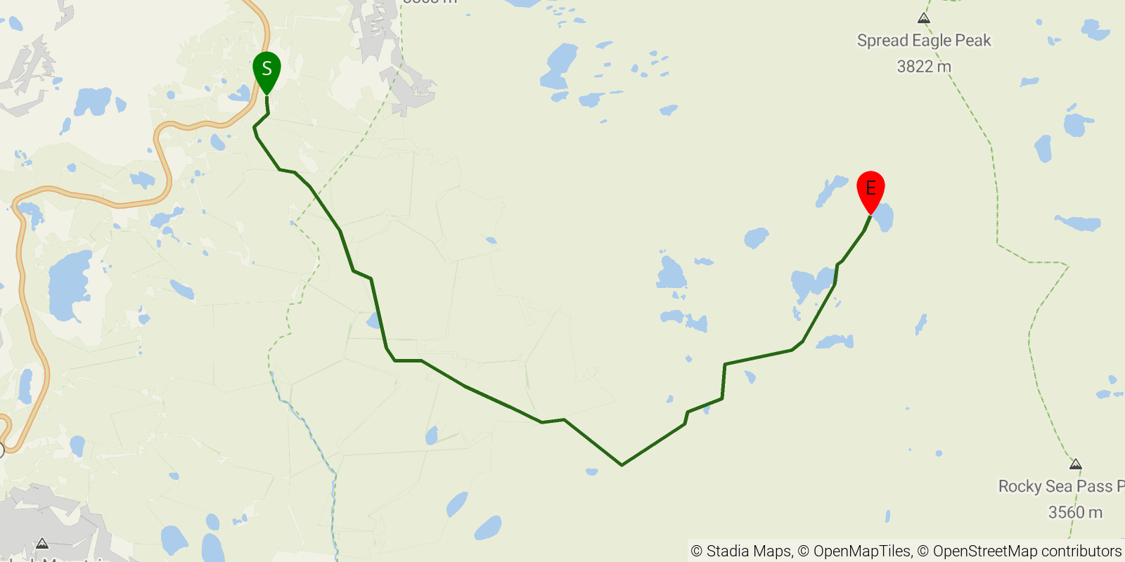 Route map of the Naturalist Basin via Highline Trail on OpenStreetMap terrain