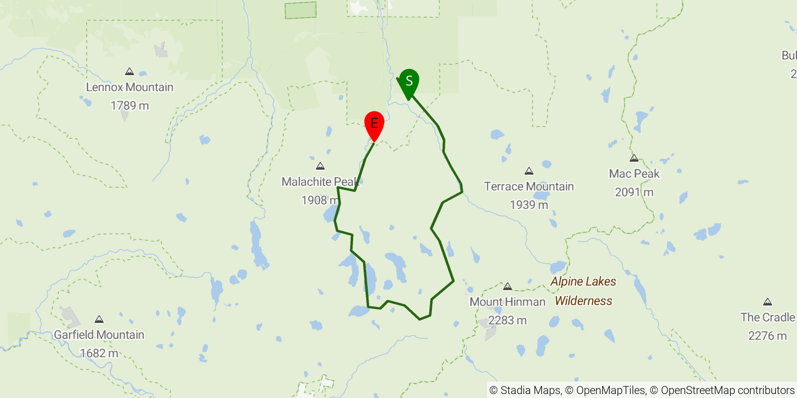 Route map of the Necklace Valley / Foss Lakes Loop on OpenStreetMap terrain