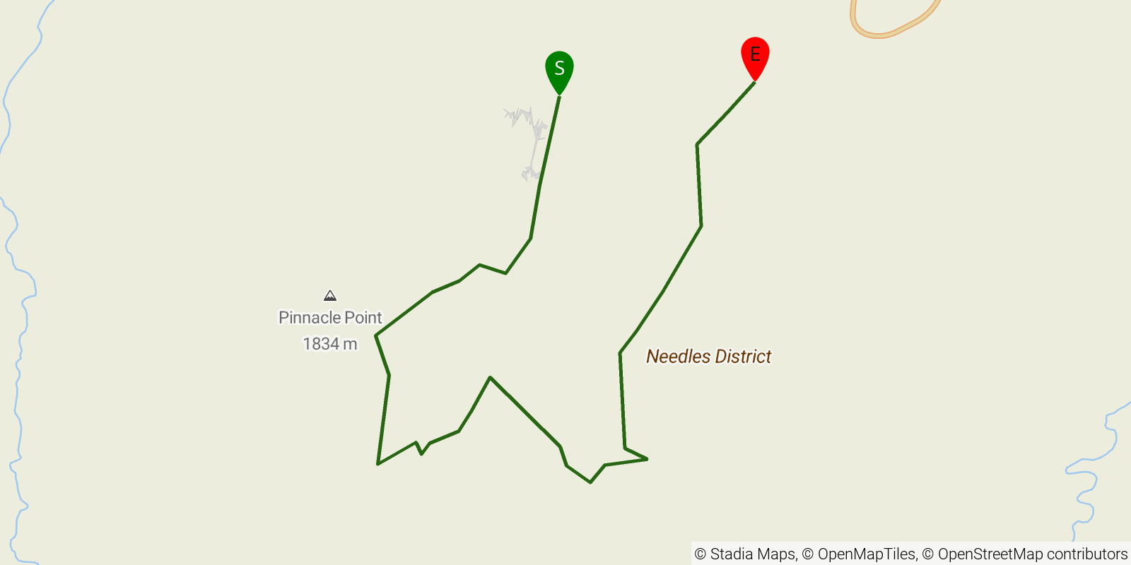 Route map of the Needles / Chesler Park Loop on OpenStreetMap terrain