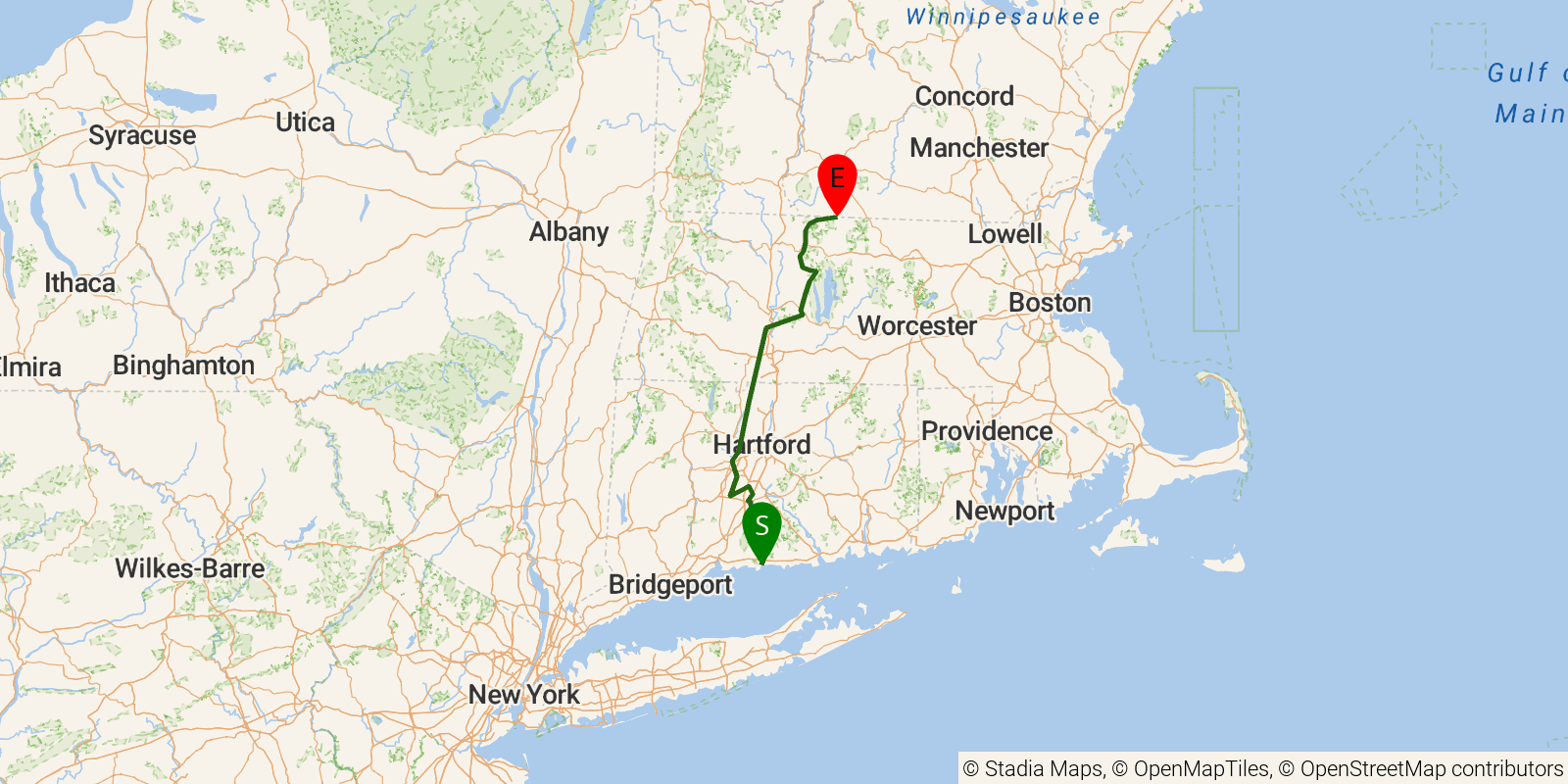 Route map of the New England National Scenic Trail on OpenStreetMap terrain