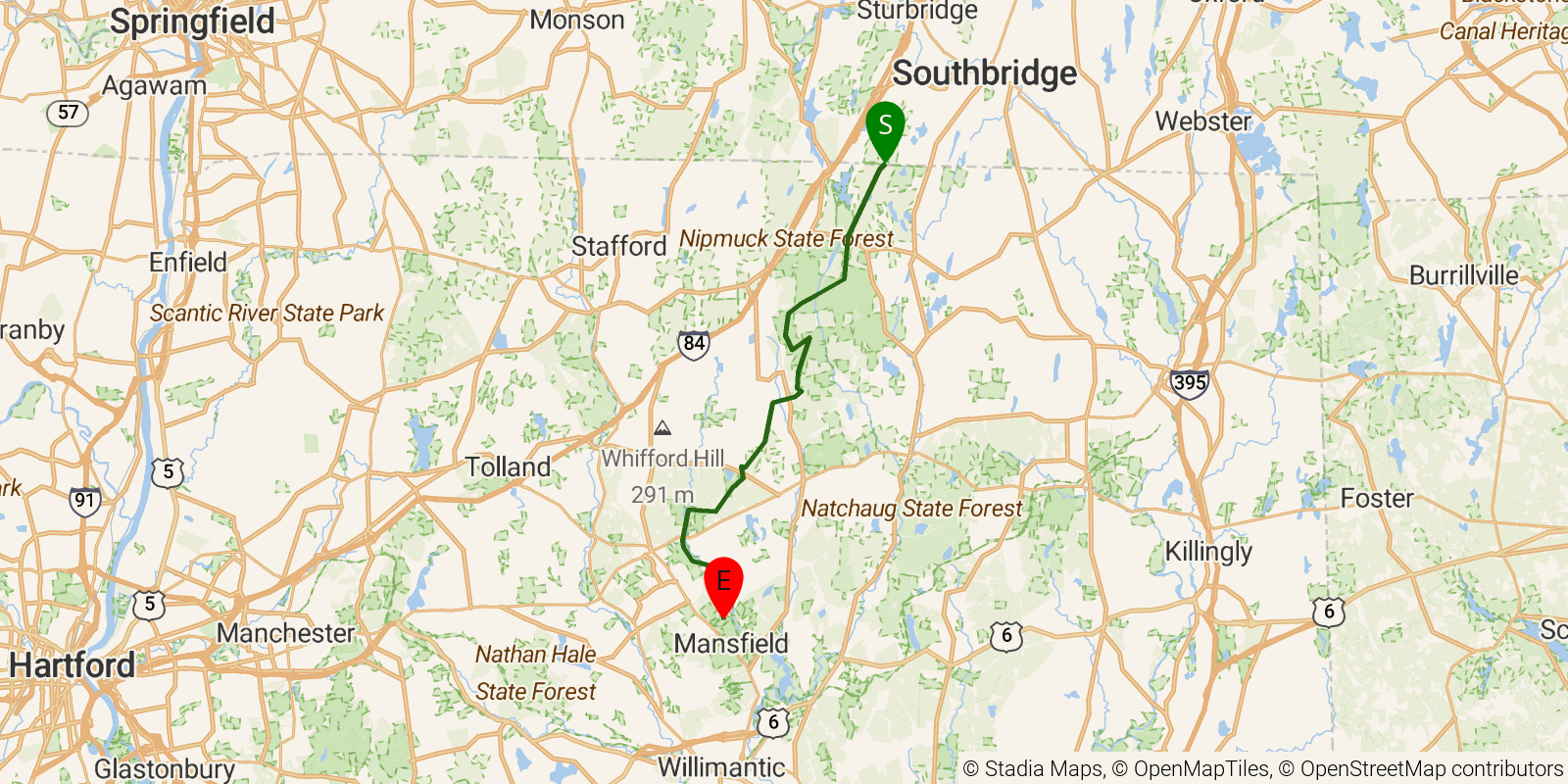 Route map of the Nipmuck Trail on OpenStreetMap terrain