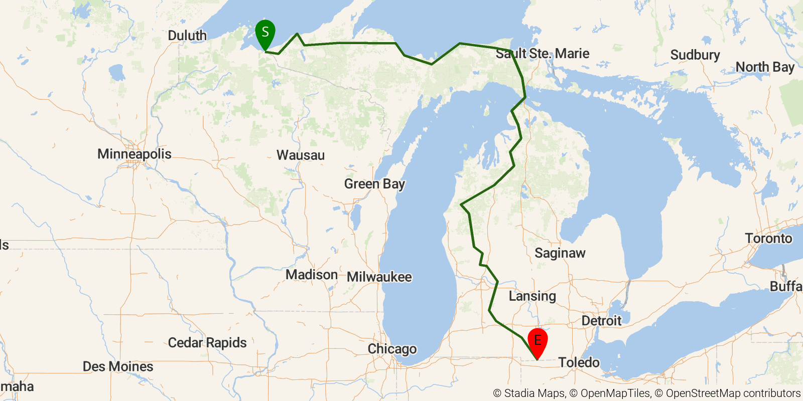 Route map of the North Country NST — Michigan on OpenStreetMap terrain