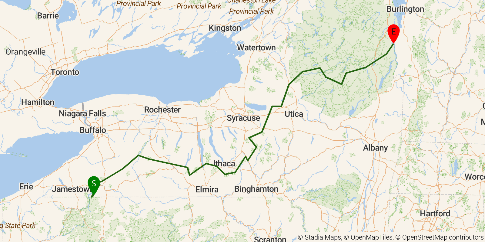 Route map of the North Country NST — New York on OpenStreetMap terrain