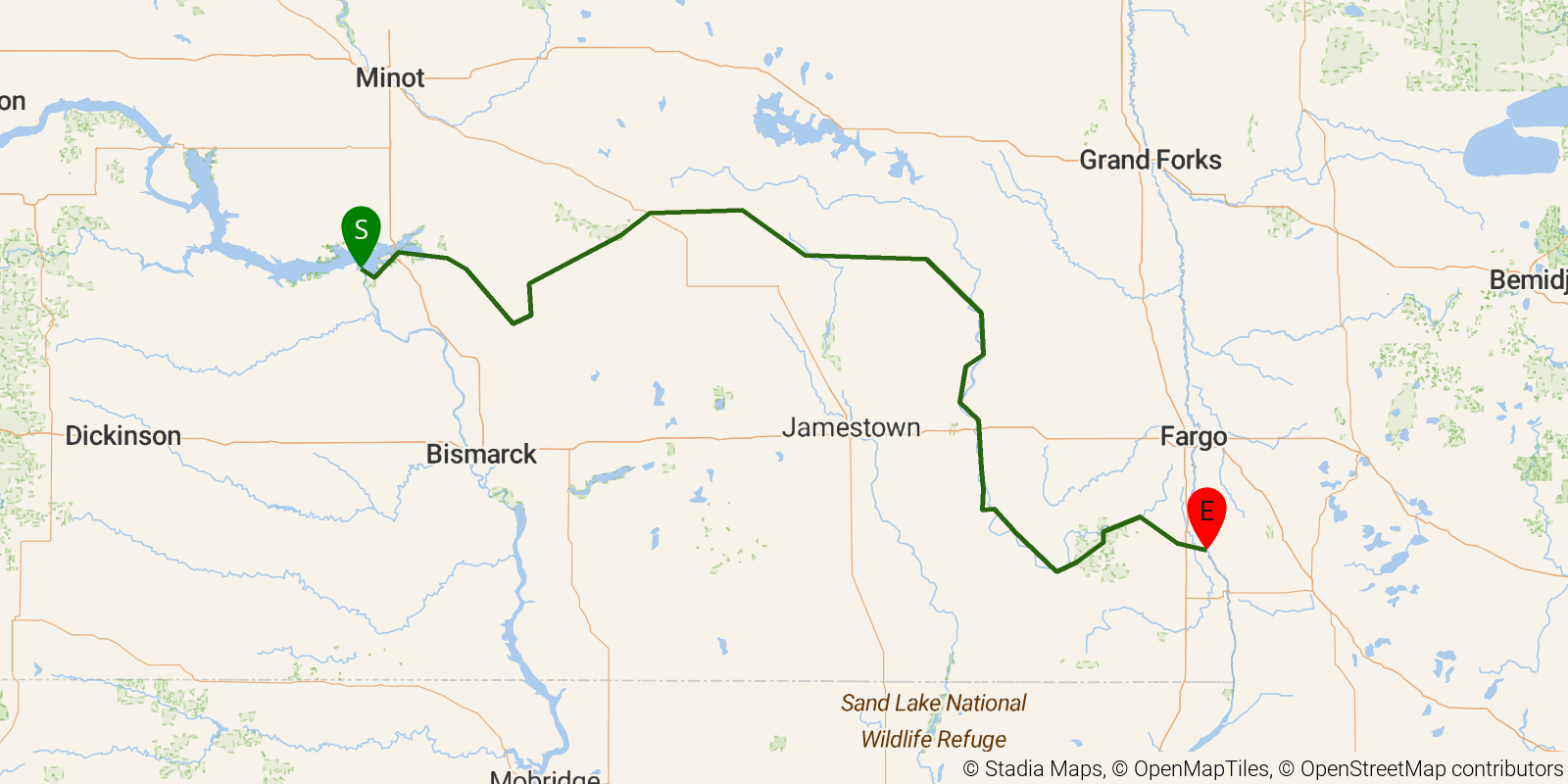 Route map of the North Country NST — North Dakota on OpenStreetMap terrain