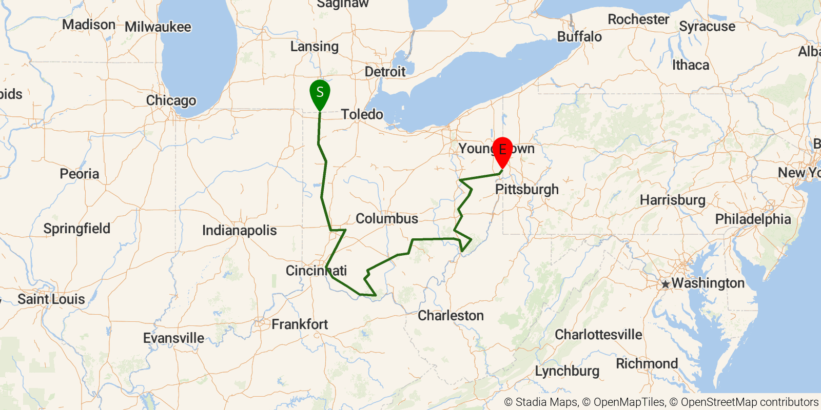 Route map of the North Country NST — Ohio on OpenStreetMap terrain