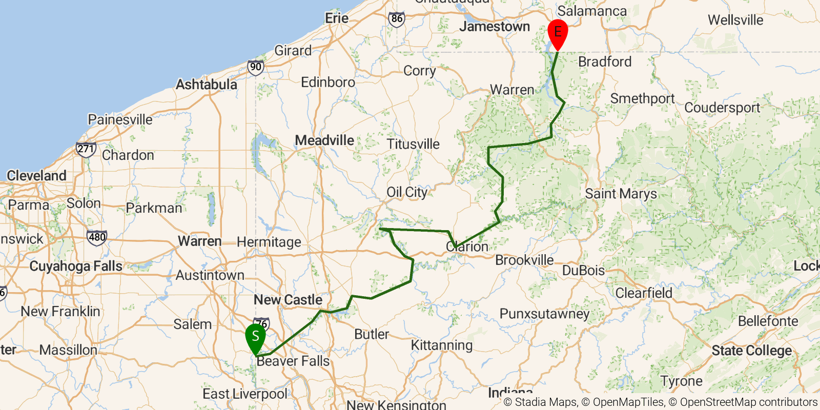 Route map of the North Country NST — Pennsylvania on OpenStreetMap terrain
