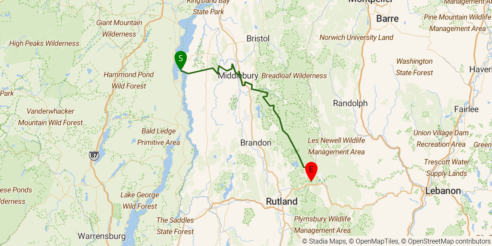 Route map of the North Country NST — Vermont on OpenStreetMap terrain