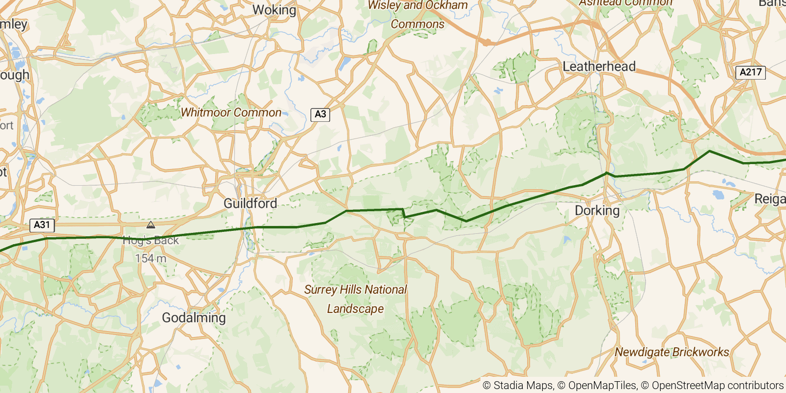 Route map of the North Downs Way — Sections 1–3: Farnham to Merstham on OpenStreetMap terrain
