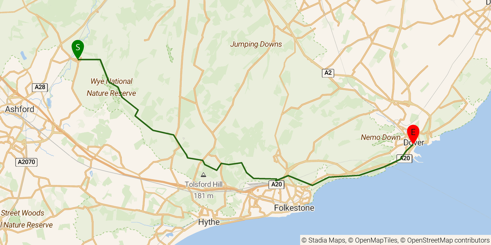 Route map of the North Downs Way — Sections 14–15: Wye to Dover on OpenStreetMap terrain