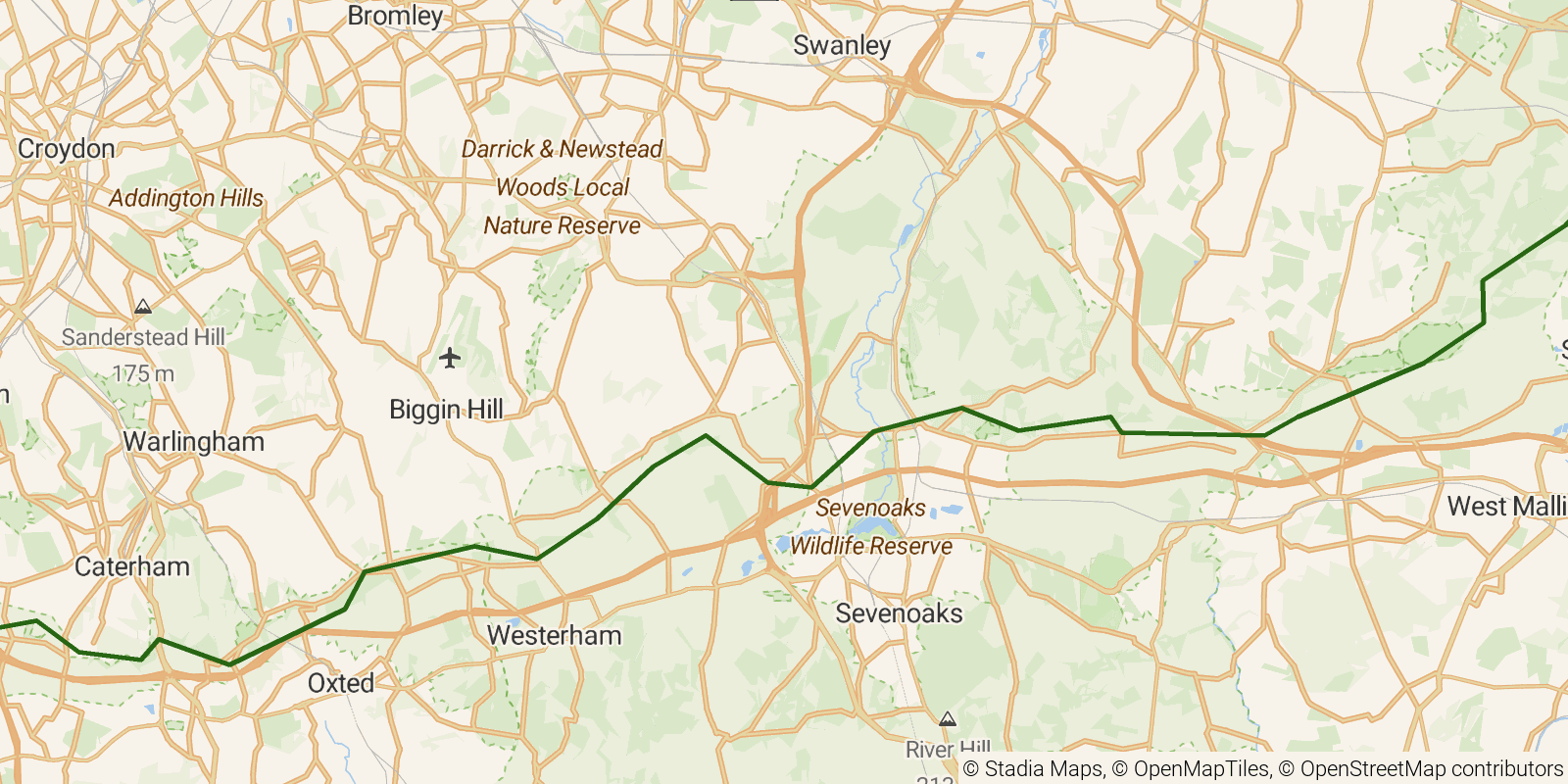 Route map of the North Downs Way — Sections 4–6: Merstham to Cuxton on OpenStreetMap terrain